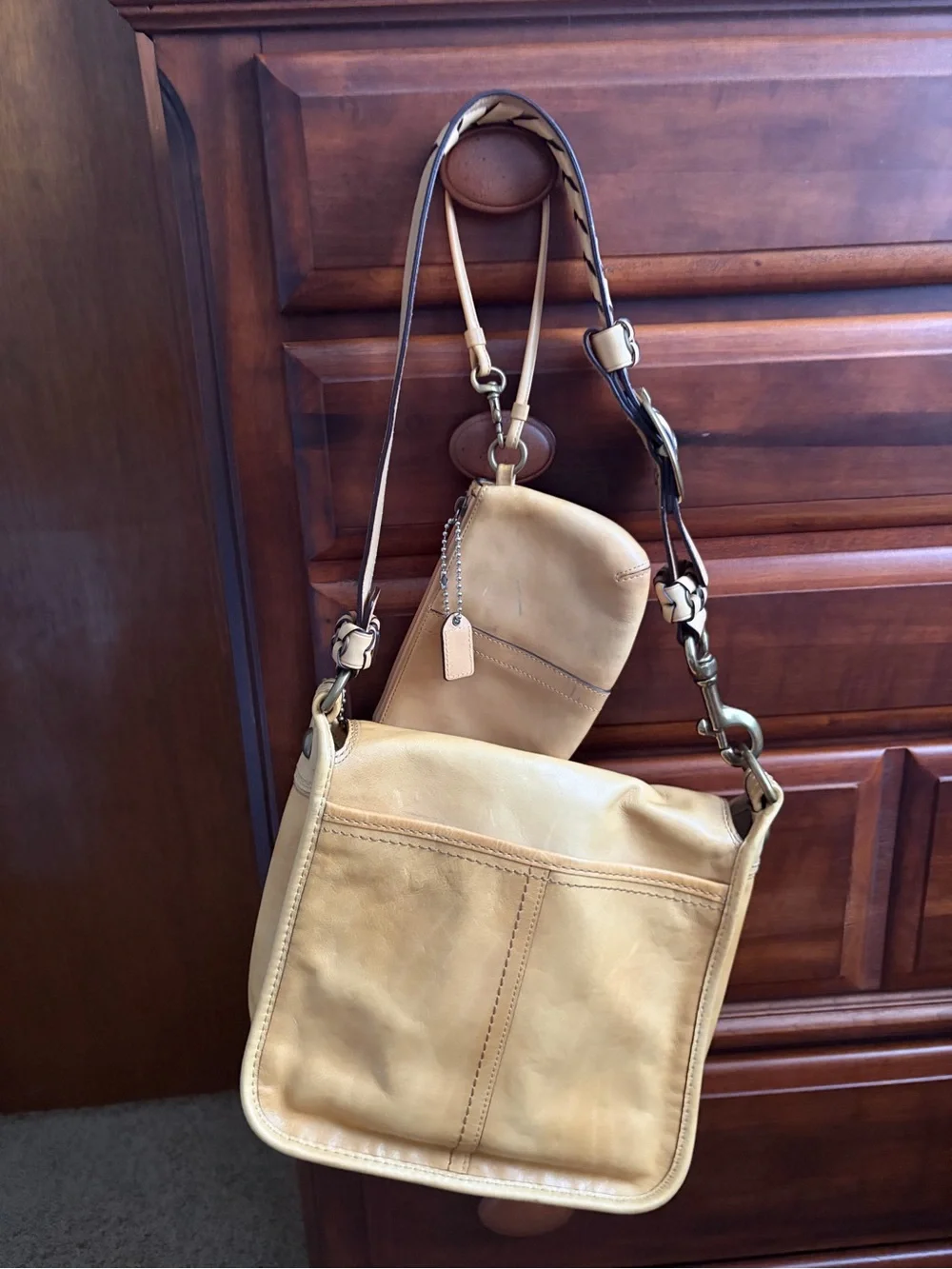 Coach Bleecker Natural Leather Shoulder Bag & Wristlet Tattersall Lining *READ*